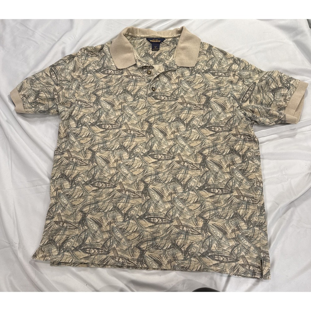 Vintage Woolrich Extra Large Men's Polo All Over Print Canoe 100% Cotton Fishing